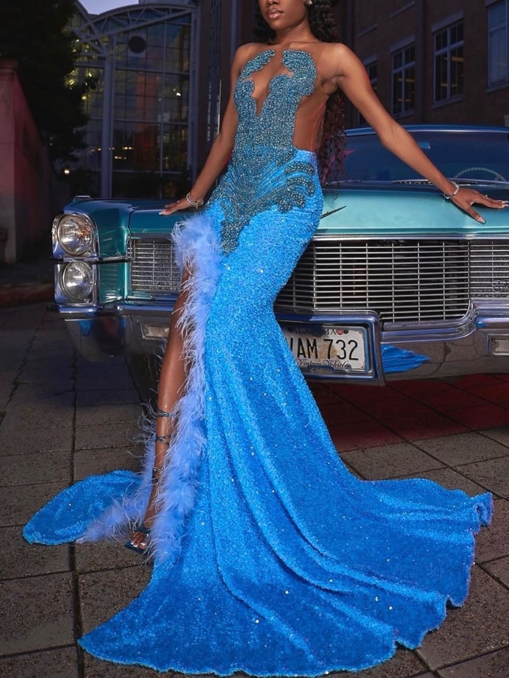 Blue Sequin Feather-Trim Gown - Elegant Women's Dress